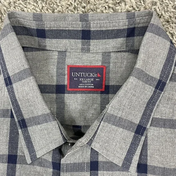 UNTUCKit Gray Plaid Stripe Flannel Long Sleeve Button Up Shirt Mens Size 2XL - Picture 2 of 4